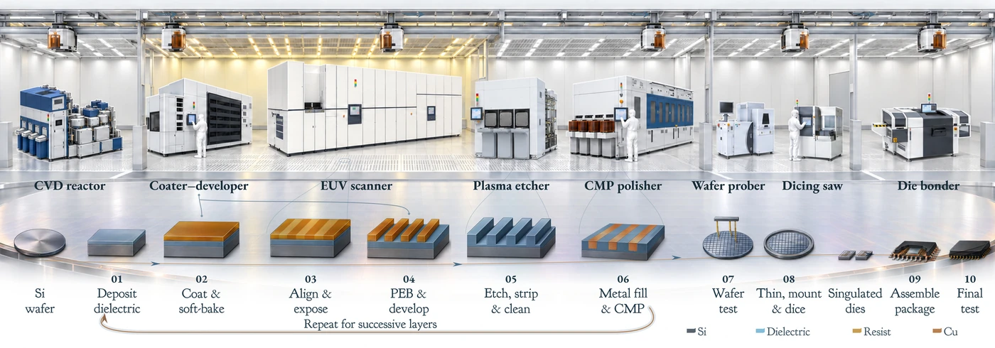 Illustrated semiconductor production line, showing material transformations from a bare wafer through fabrication, wafer testing, dicing, packaging and final testing.